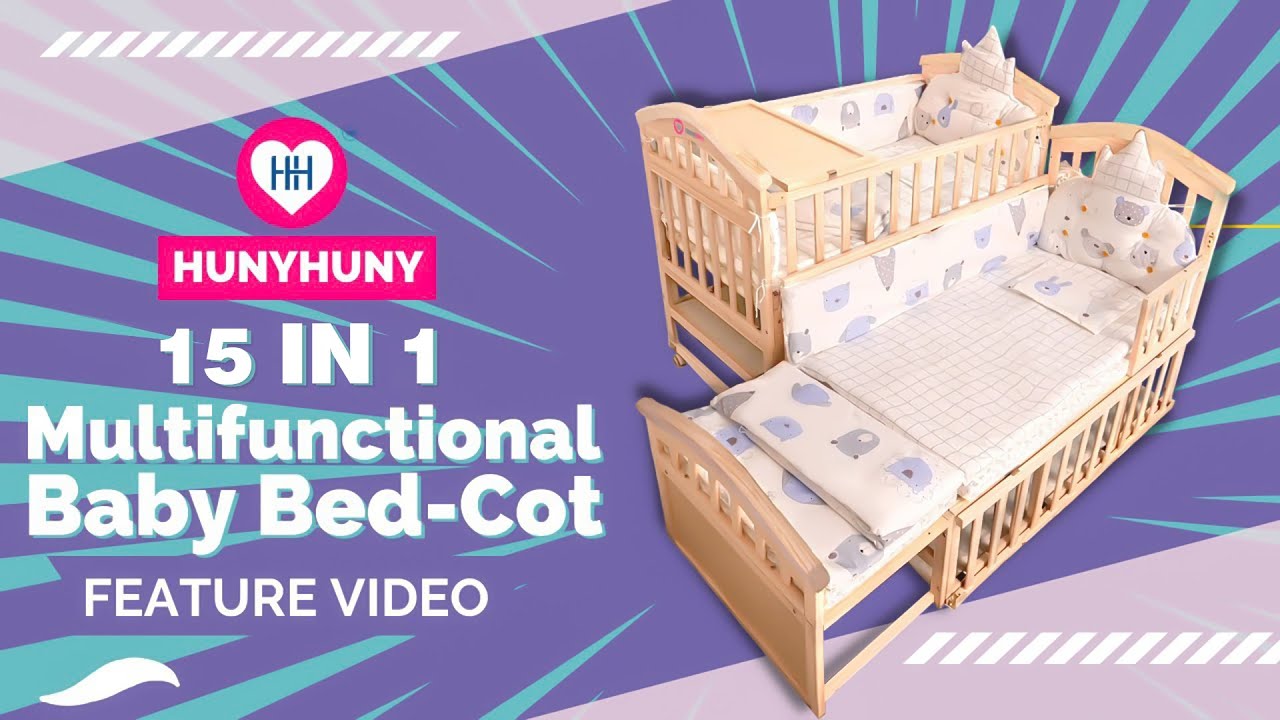 HunyHuny 15-in-1 Multifunctional Wooden Baby Bed Cot Feature Video