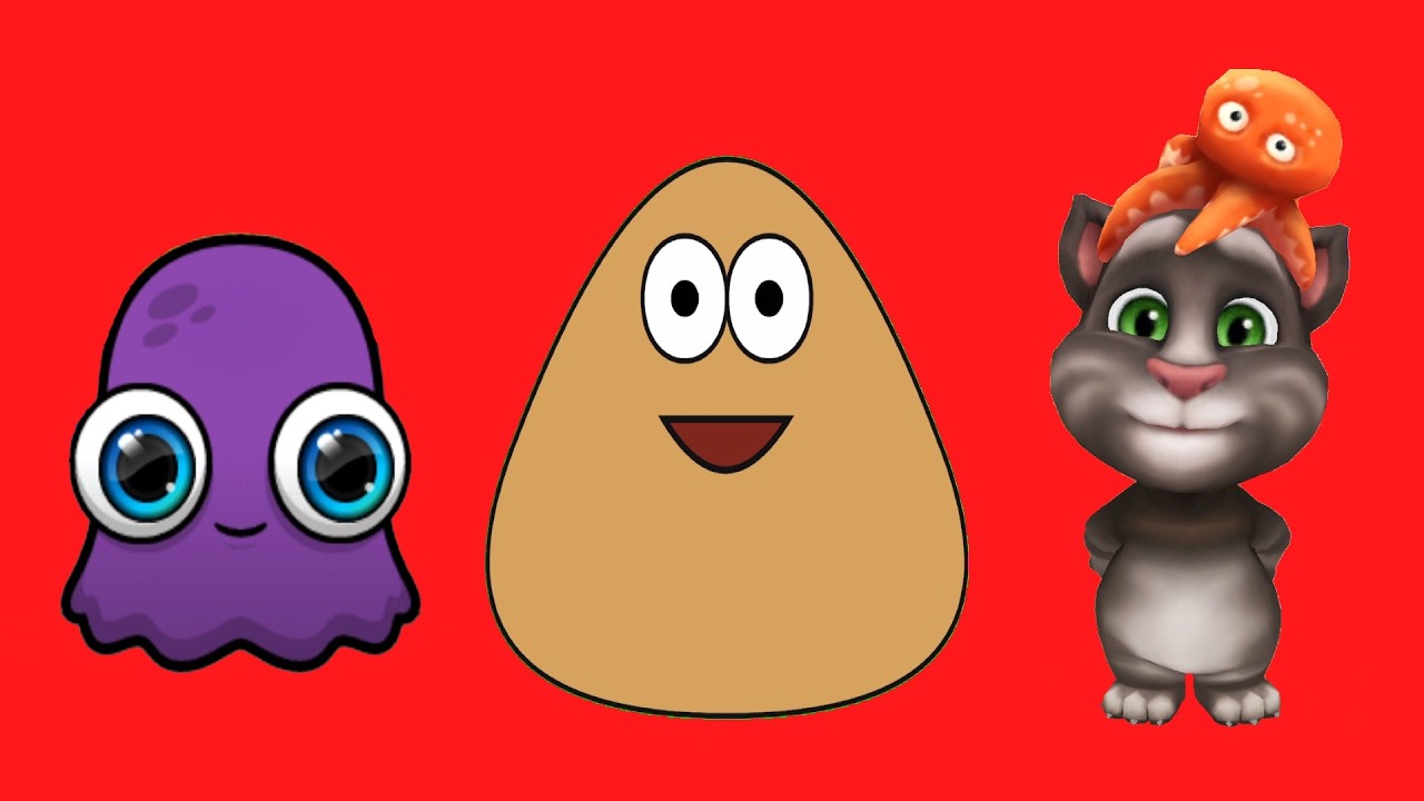 Pou y sus amigos. Pou vs Moy 7 vs Tom 2 - Pou, Moy y el gato Tom juegan juntos. La familia Pou.