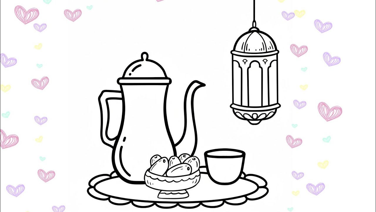 اسهل طريقة لرسم ضيافة رمضانية بسيطة وهادية خطوه بخطوة ✨☕ | Cute Arabic Coffee & Lantern Drawing🎀
