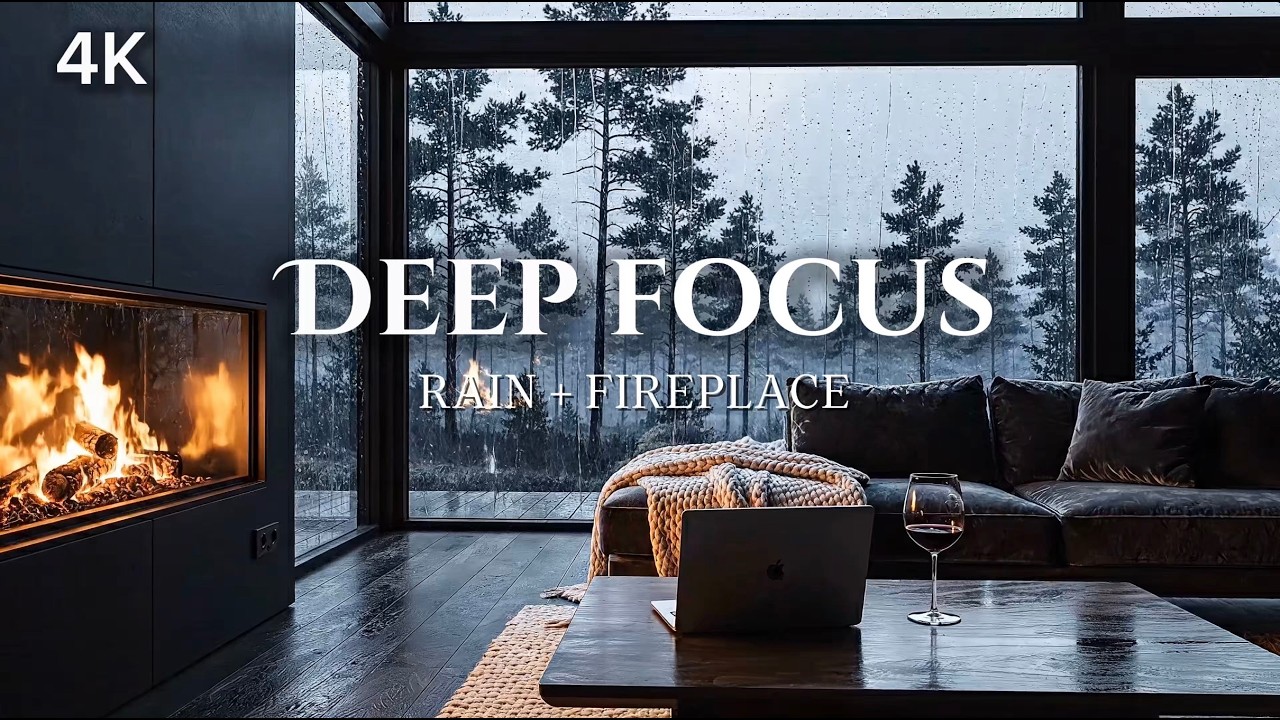 Deep Focus Rain + Fireplace | Modern Forest Cabin (2 HOURS, 4K)