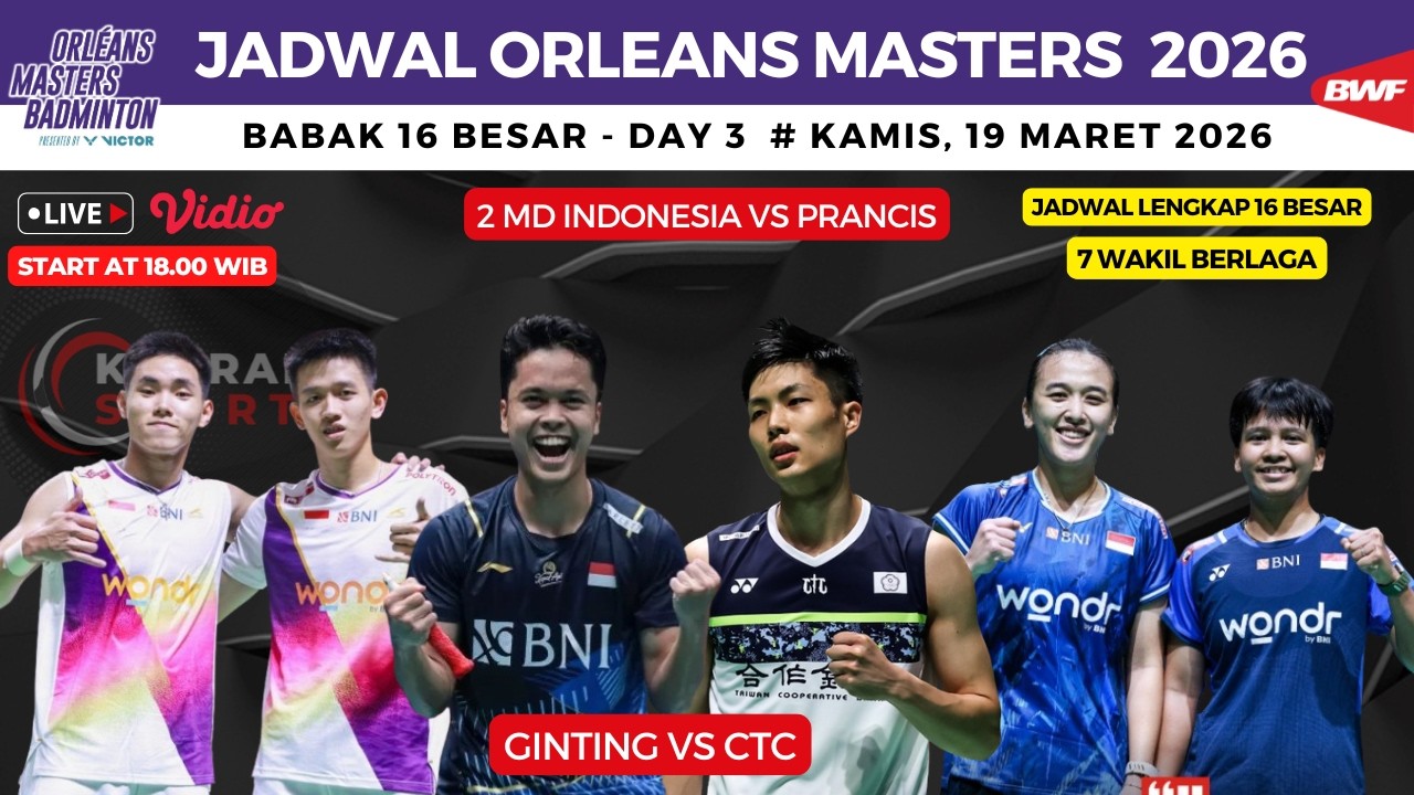 Jadwal Lengkap babak 16 Besar Orleans Masters 2026 hari ini, Ginting vs CTC~2 MD Indonesia vsPrancis