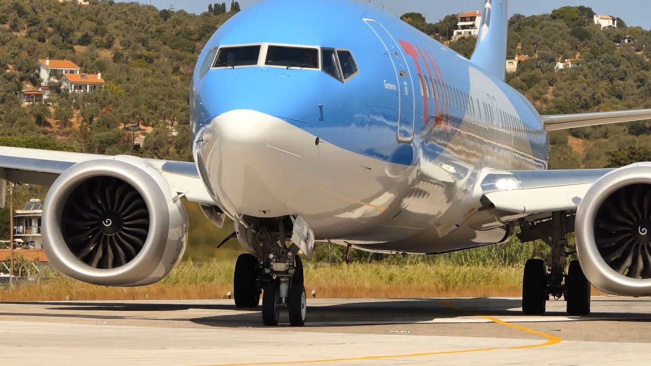 TUI Boeing 737 MAX8 from / to Bristol - landing - taxi - blast and take off at Skiathos