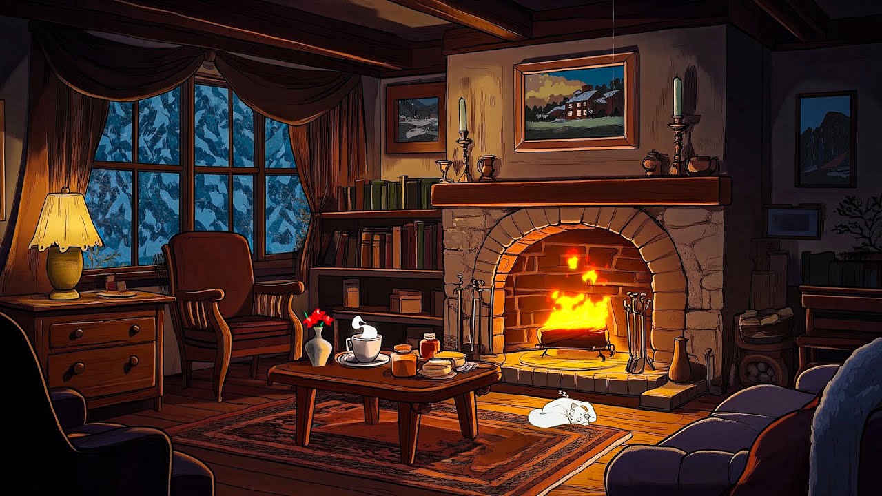 vintage cottage with oldies playing in another room and it's snowing (fireplace sounds)