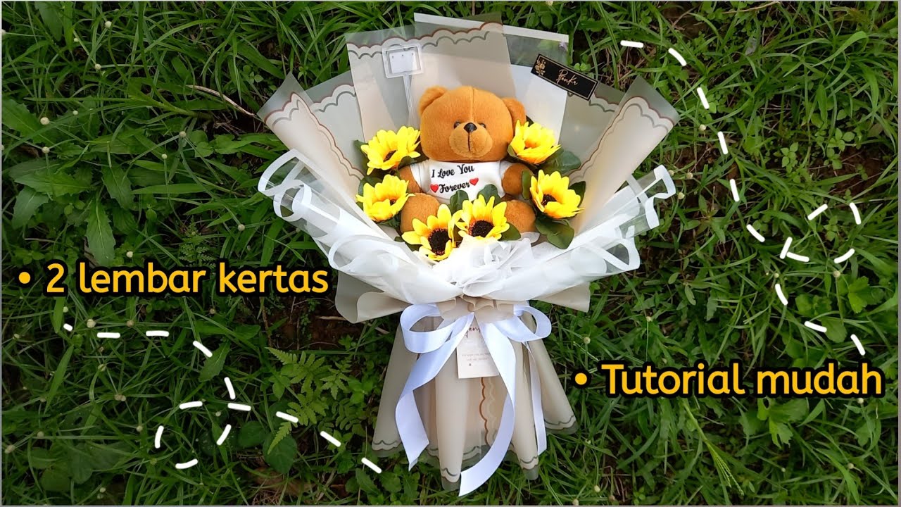 Buket Boneka & Bunga Matahari, Tutorial Buket Mudah Hemat Kertas