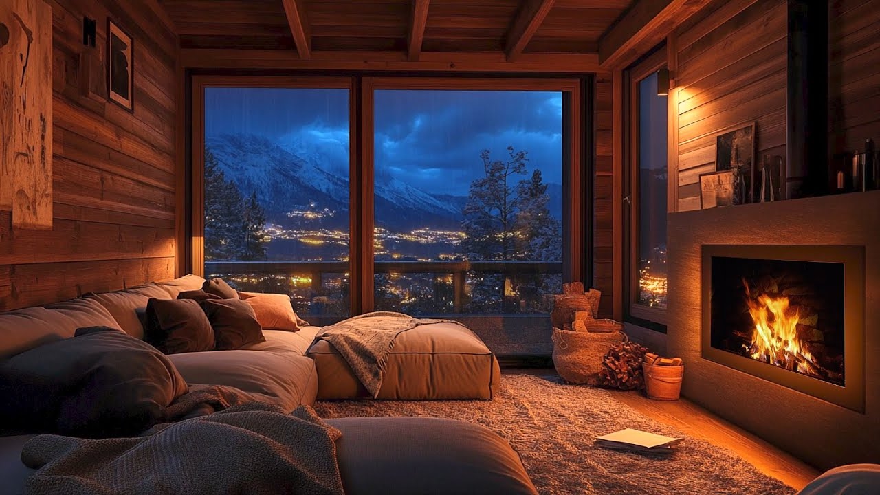Cozy Mountain Cabin at Night ❄️ Fireplace & Snowy City Lights Ambience