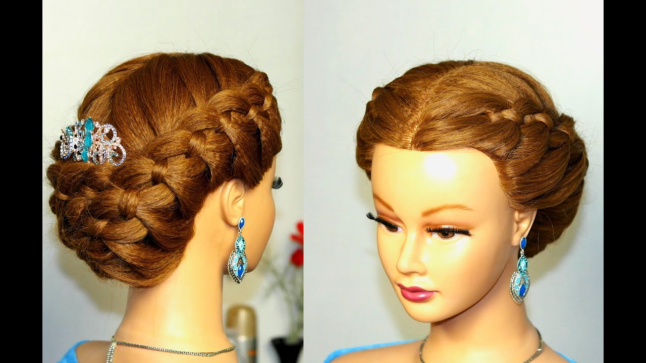 Braided updo, hairstyle for  medium long hair with 4 strand braids