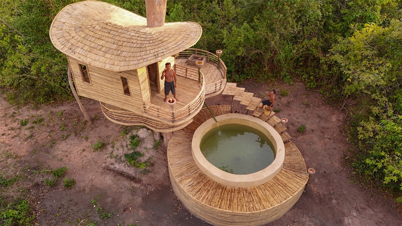 We Built a 2-Story Jungle Treehouse with Private Pool In 99Day