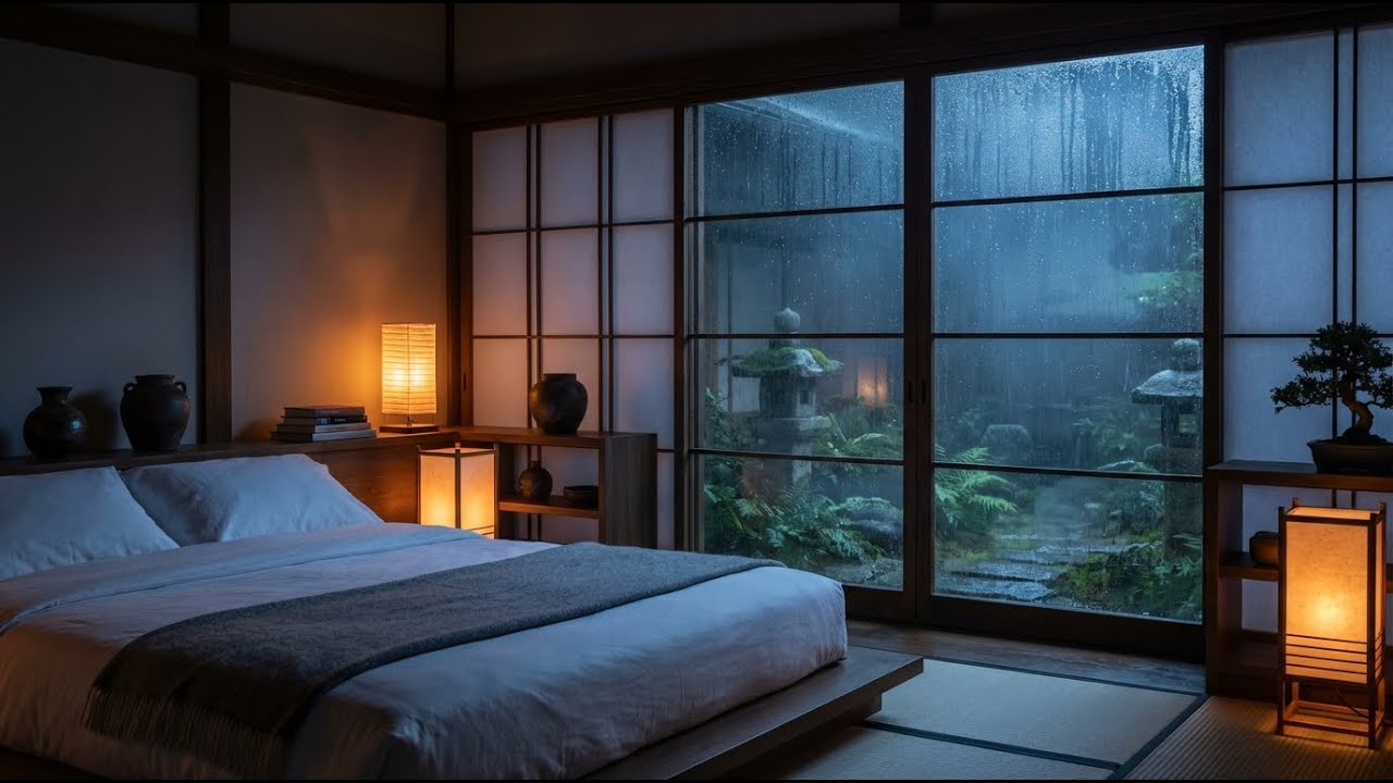 Magical Peace Rain & Felt Piano in Cozy Japanese Room with Bonsai for Rapid Sleep 🕯️