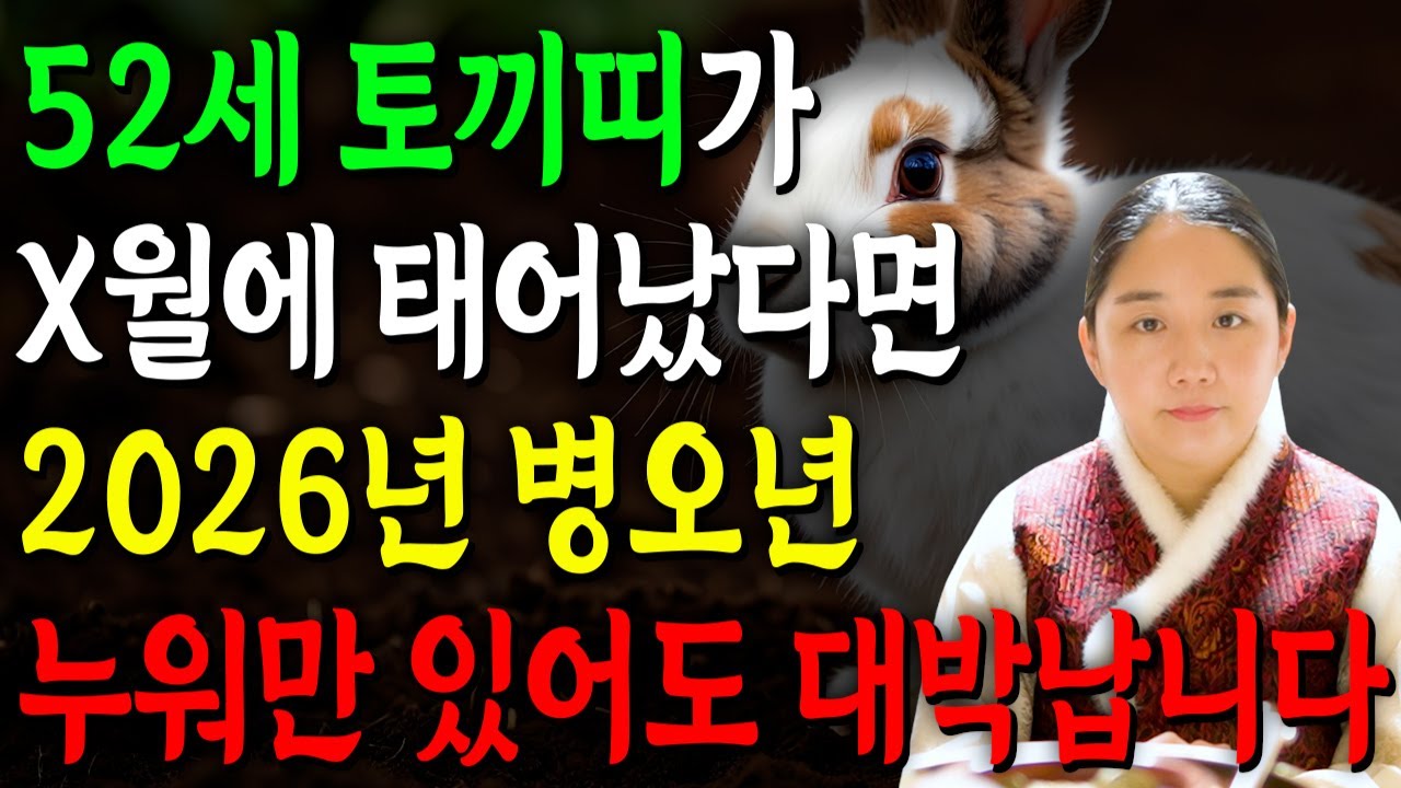 [2026년 52세 토끼띠운세] 1975년생 토끼띠가 X월에 태어났다면 2026년에 누워만 있어도 대박납니다! 금전,귀인,문서운 모두 펑펑 터진다!! 1975년생 52세 토끼띠운세