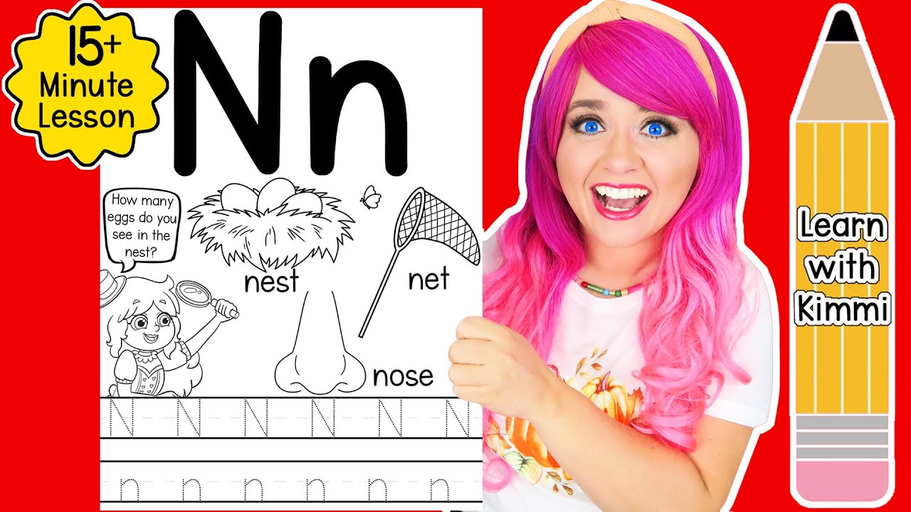 Letter N Color & Trace Worksheet Lesson and Tutorial | Learn with Kimmi The Clown ABC Coloring Book