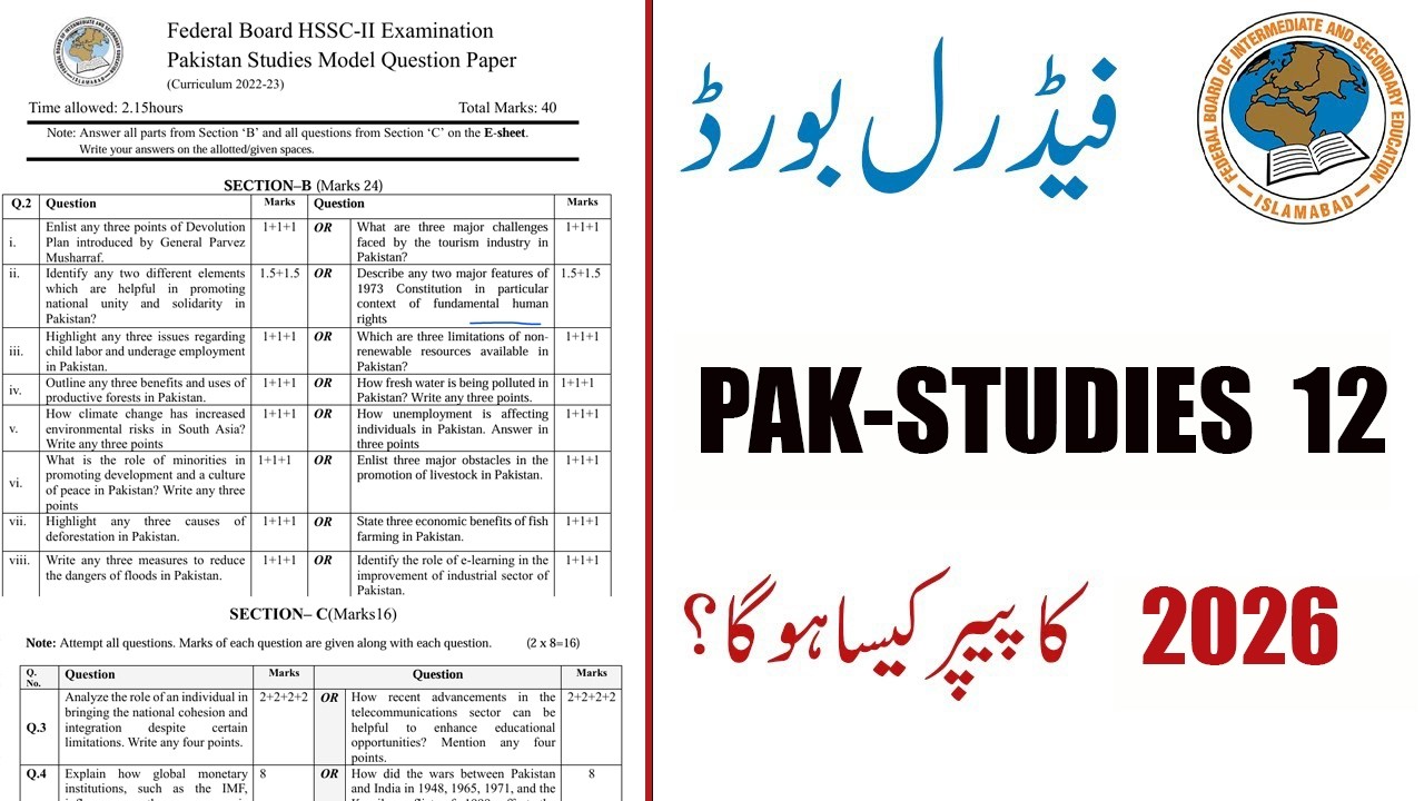 Pakistan Studies 12 Annual Paper 2026 | Federal Board