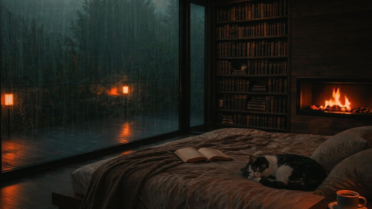 Cozy Rain and Fireplace Sounds at Night | Relaxing Ambience for Sleep