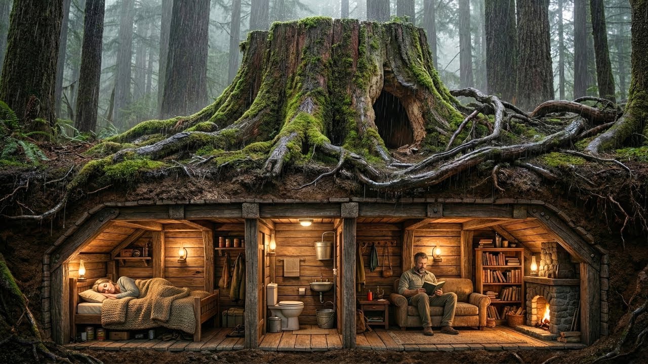 This man Built a House INSIDE a Tree Trunk — Building a house in the forest (ASMR)