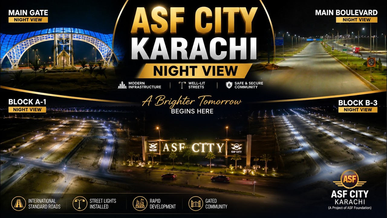 ASF City Karachi Night View 2026 | Main Gate, Main Boulevard, A-1 & B-3 Blocks | Latest Development