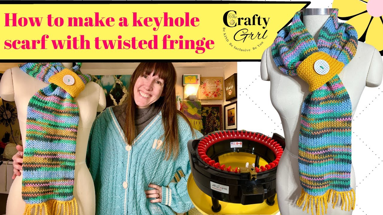 How to make a knitting machine keyhole scarf with twisted fringe #knittingmachine