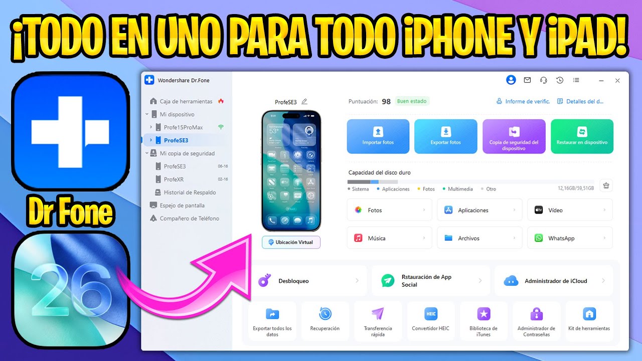 TODO EN UNO PARA DESBLOQUEAR Y ADMINISTRAR CUALQUIER iPHONE Y iPAD 🎁 DR FONE COMPATIBLE HASTA iOS 26