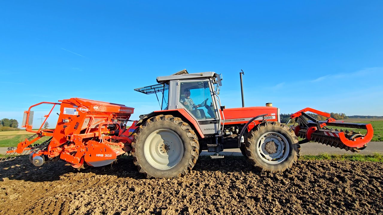 Massey Ferguson 3085 autotronic mit Frontpacker & Kuhn 3003 Combiliner +HBR 302 beim Getreide säen!
