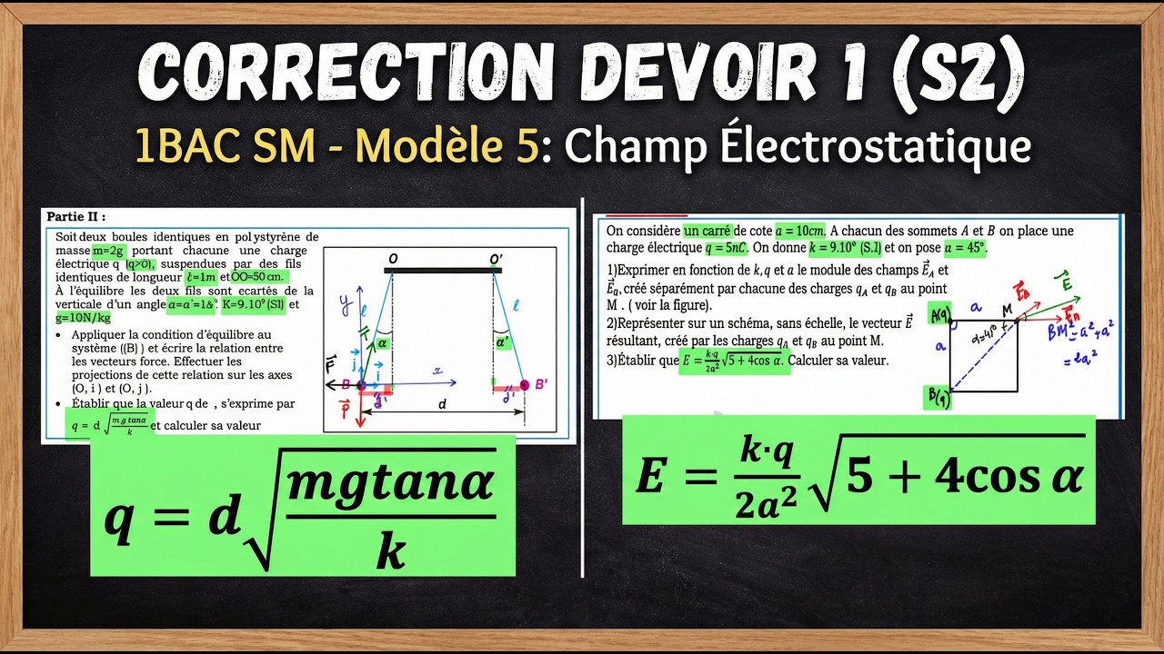 Correction Devoir 1 &ndash; Semestre 2 | Champ &Eacute;lectrostatique &ndash; Exercice 1 | 1BAC SM (Mod 5)