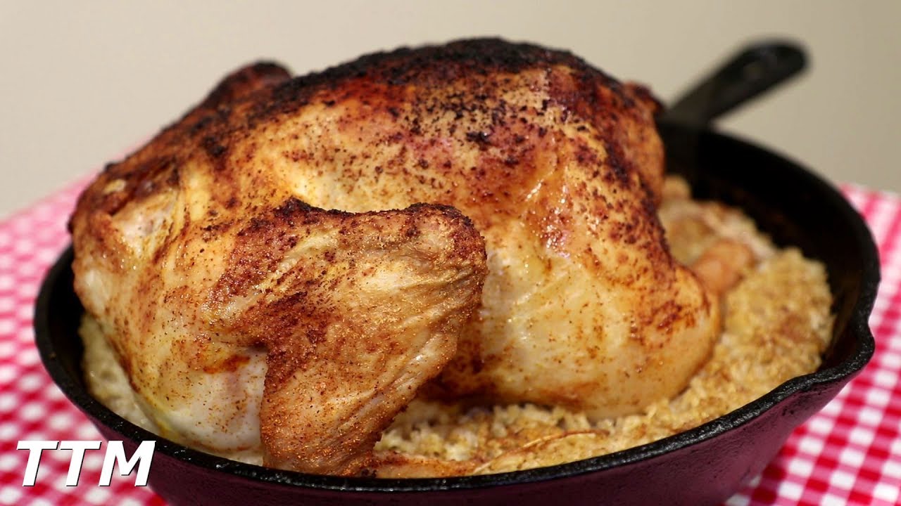 Baked Whole Chicken and Rice in a Cast Iron Skillet~Easy Cooking