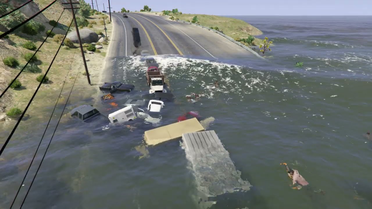 Highway Flooded - NPCs Drive into the waters - Grand Theft Auto V