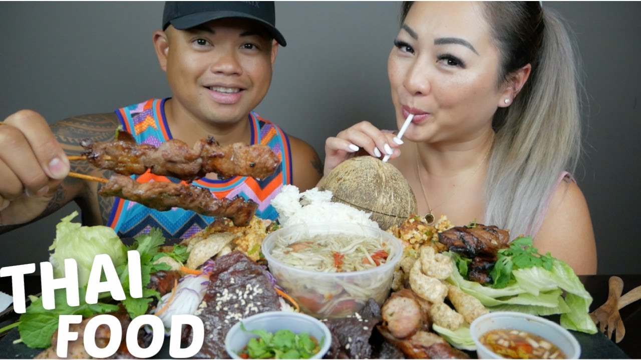 THAI Food *Pork Satay, Papaya Salad, Nem Khao, Seen Savanh & Sai Gok Mukbang | N.E Let's Eat