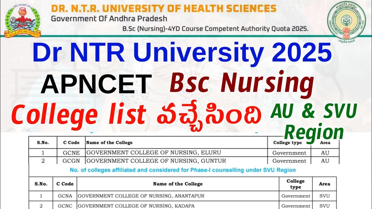 DR NTR University 2025 AP NCET BSc Nursing Colleges List | AU & SVU Region Latest Update