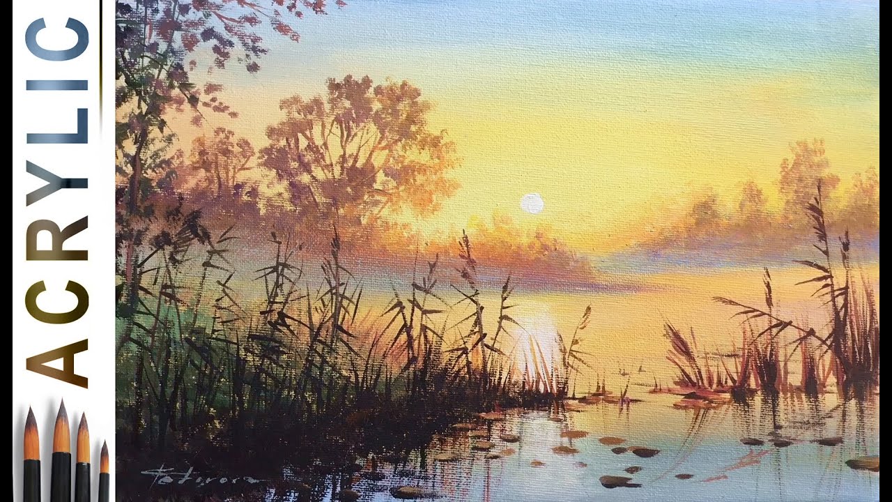 Sunset on the lake. How to paint landscape 🎨ACRYLIC tutorial DEMO