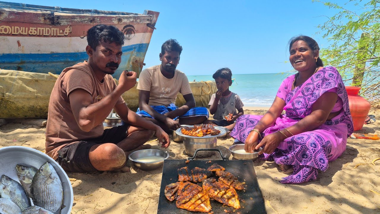 கடற்கரை அருகில் சமைத்த ஓரா மீன் பொரியல் பழைய கஞ்சி வேற லெவல்