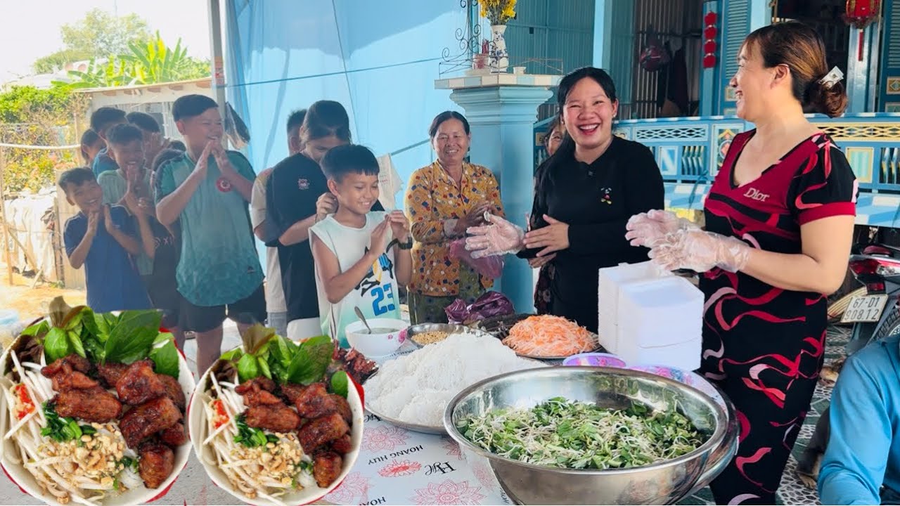 Bà Con Xóm Cồn Vui Mừng Thưởng Thức Món Bún Thịt   Nướng Lụi Thơm Ngon Từ Tấm Lòng Của Cô Sáu Ở Úc