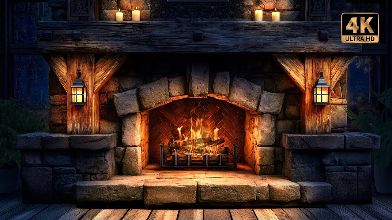 Rustic Fireplace Ambience 🔥 Rain, Thunder, & Crackling Fire Sounds for Sleep & Relaxation | 4K 🌧️🕯️