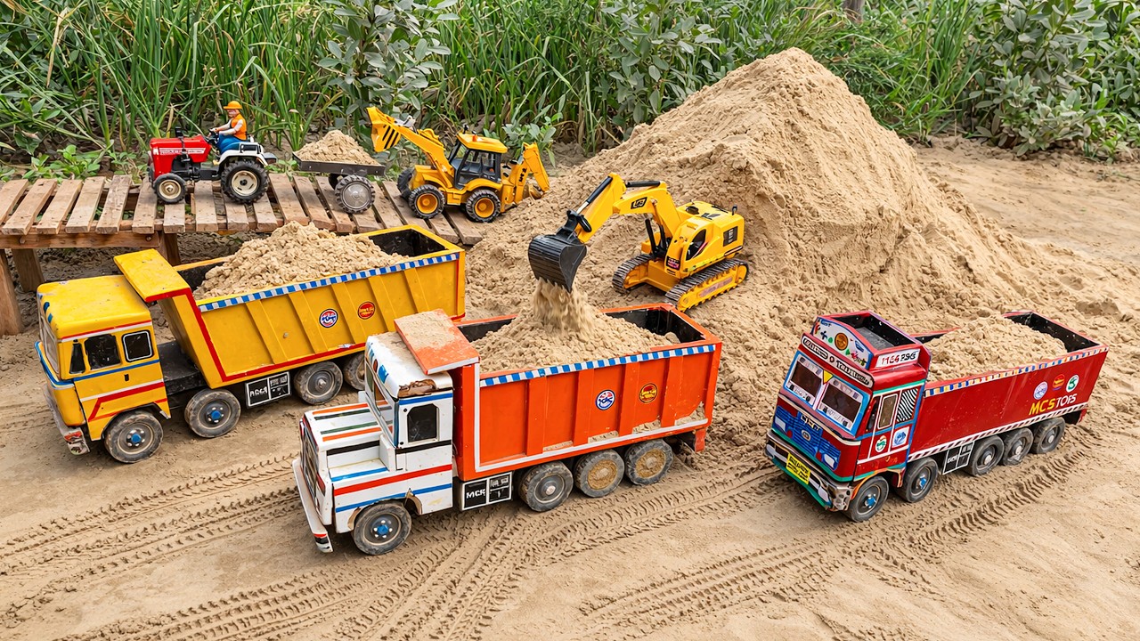 cartoon | JCB 3dx fully sand loading TATA dumper ASHOK LEYLAND tipper swaraj 855 tractor ? CSM Toys