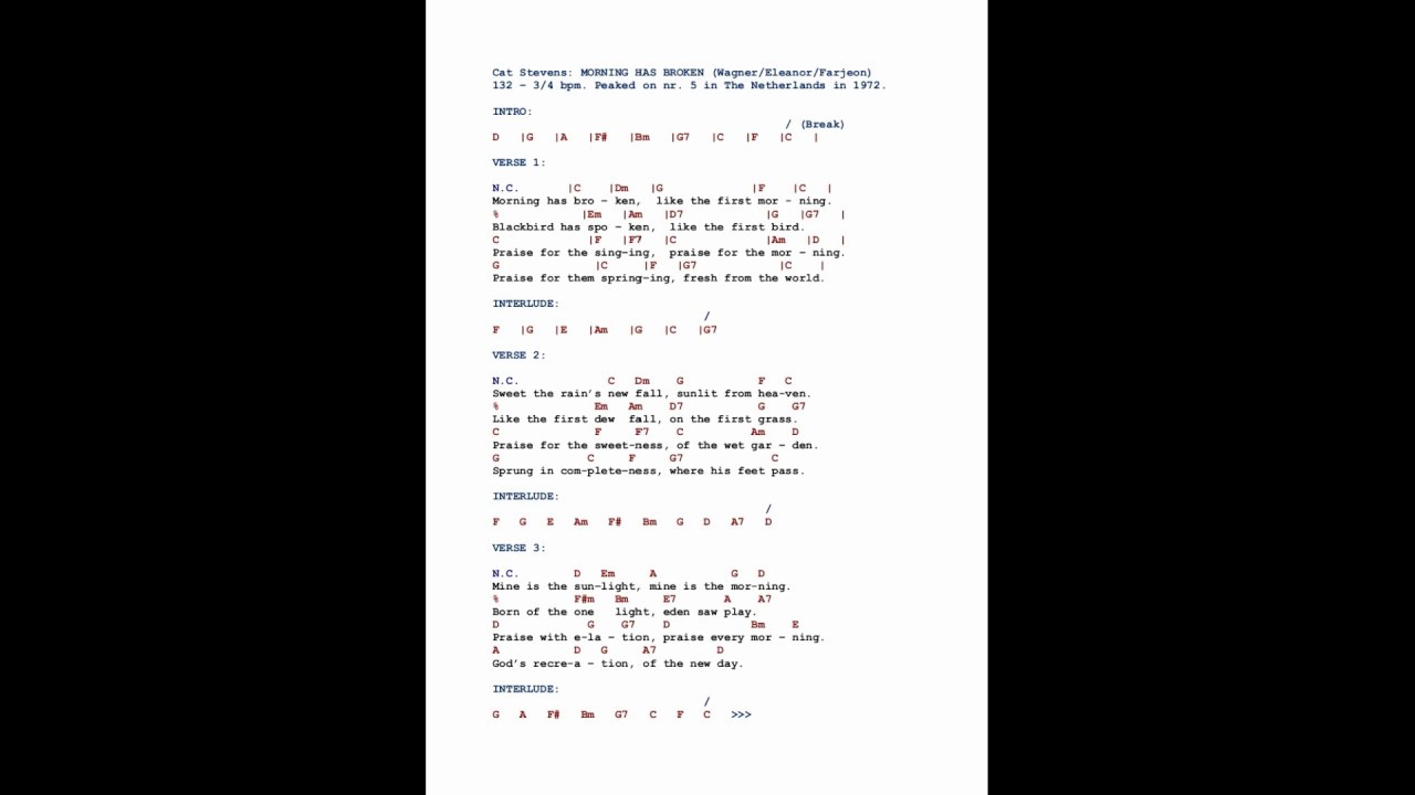 Cat Stevens: MORNING HAS BROKEN - Original - In Sync LYRICS & CHORDS - Free* TAB, DairyBeat: