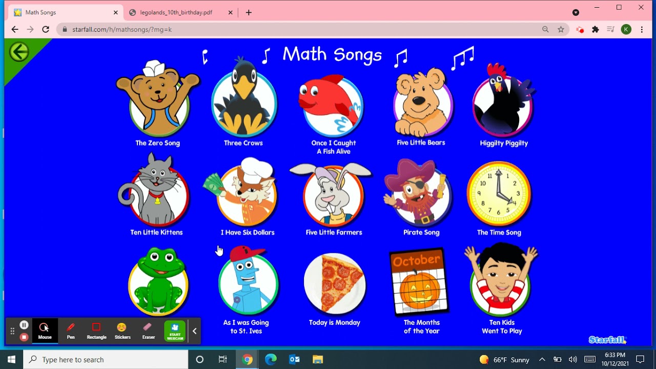 Class Meeting:10/12/21 Starfall Music/October Calendar/ABC Rhymes