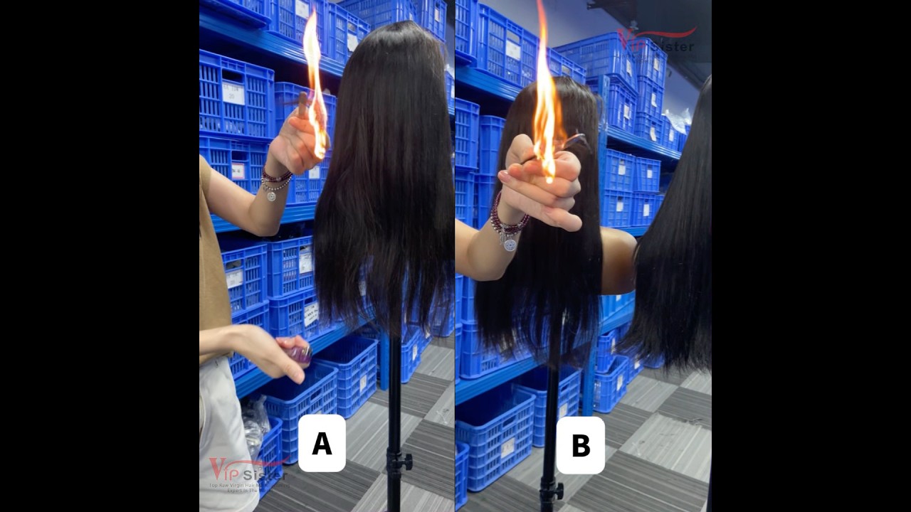 Burn test between 100% human hair and mixed synthetic hair #vipsister #humanhair #hairtest