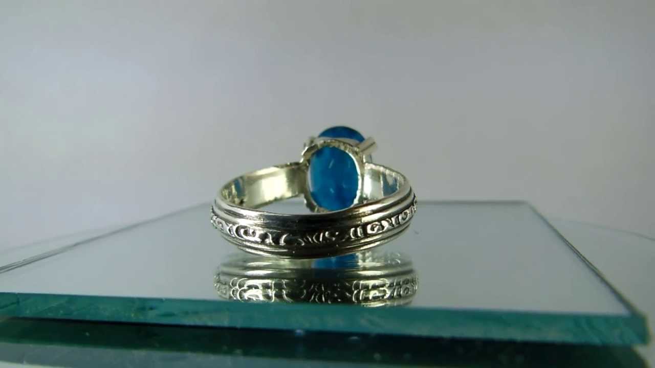 NATURAL BLUE APATITE GEM STERLING SILVER DECO RING