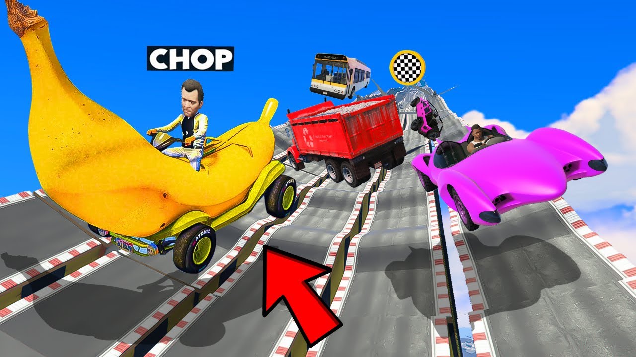 GTA 5 CHOP JUMPS WITH BANANA CAR IN MEGA RAMP CHALLENGE
