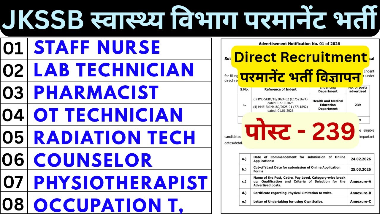 JKSSB VACANCY 2026 - STAFF NURSE, LAB TECHNICIAN, PHARMACIST, OT TECHNICIAN, RADIATION TECHNICIAN