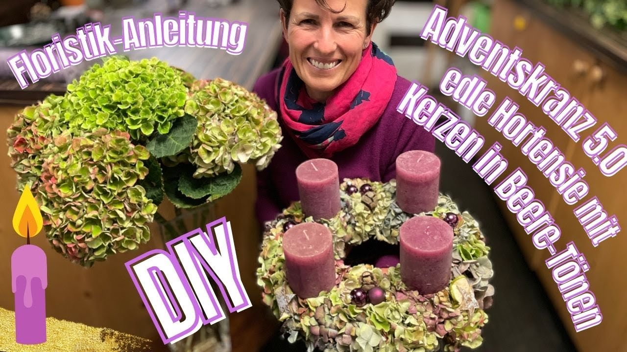 Adventskranz-DIY 5.0 Edle Hortensie weihnachtlich gestaltet an Kerzen in Beere-Tönen Bastelanleitung