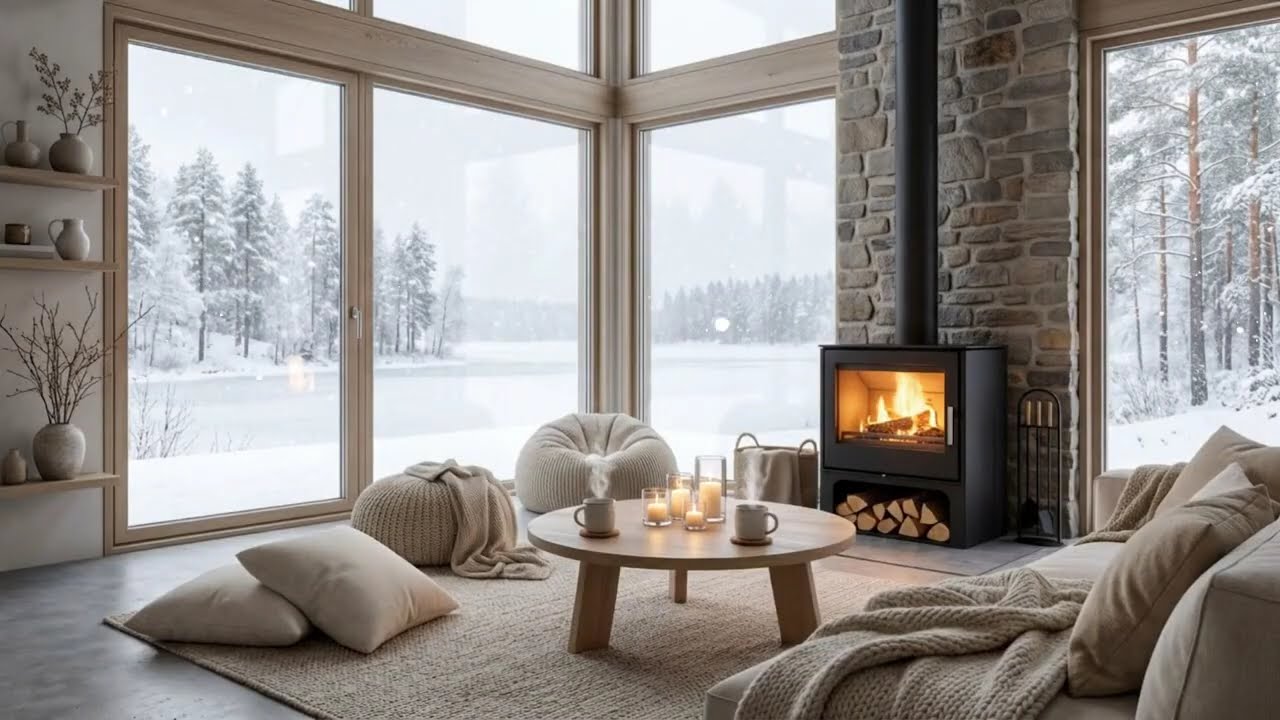 ❄️🤍 Peaceful White Lounge Piano | Cozy Fireplace & Snow Night 5 Hours | Relax Study Work Meditation