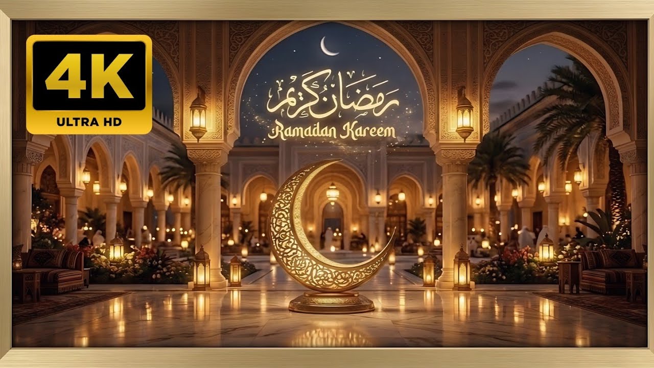 Ramadan Kareem Night Ambience 🌙 | Peaceful Islamic Courtyard with Golden Crescent & Lantern Lights