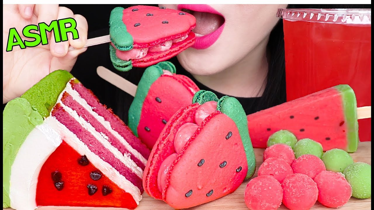 ASMR WATERMELON ICE CREAM, MACARON, CAKE, JUICE 수박 아이스크림, 마카롱, 케이크, 수박주스 먹방 EATING SOUNDS