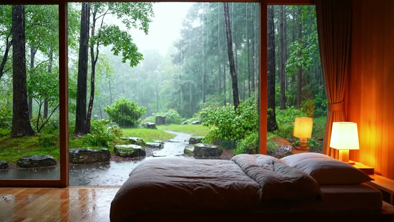 Cozy Rain Outside Window in Bedroom – 3 Hours Relaxing Rain Sounds for Sleep, Study & Deep Relaxatio