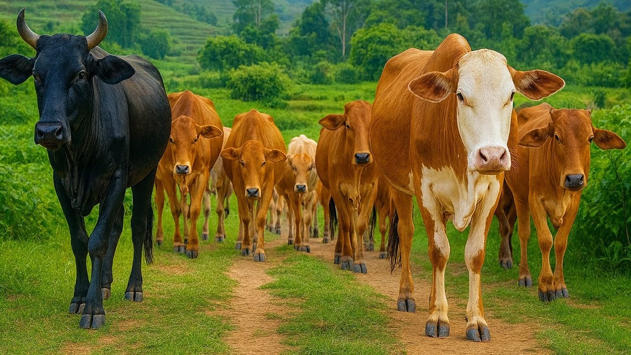 Cow activity in the morning running toward the field, Cow sound Moo, Cute cows roaming on the road.