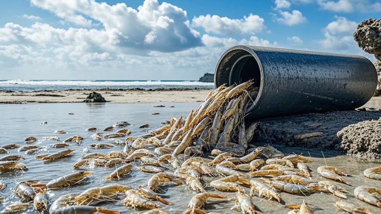 排水口流出大量大蝦，個頭比手掌還大，牛牛趕海撿到手軟驚呼發財【牛牛趕海海鮮】