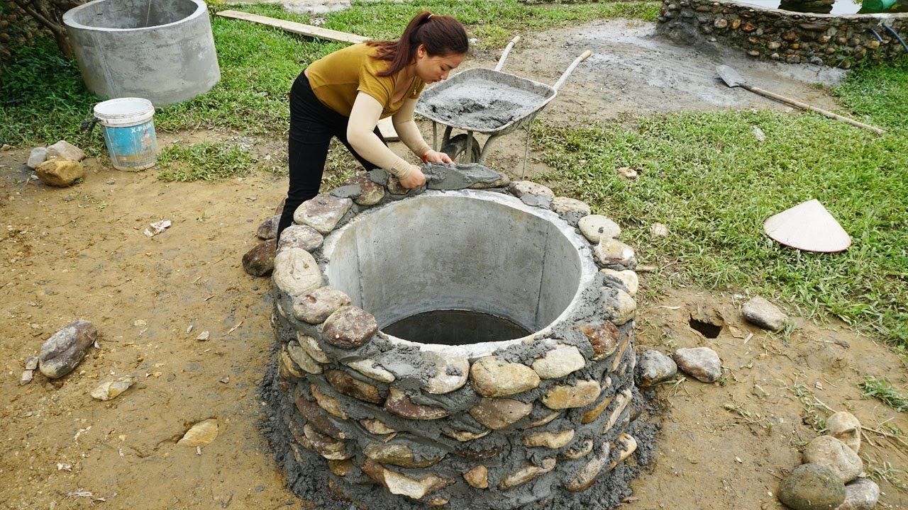 Girl Living the island Off Grid Built Deep Hole Water Well - Install concrete pipes into the well