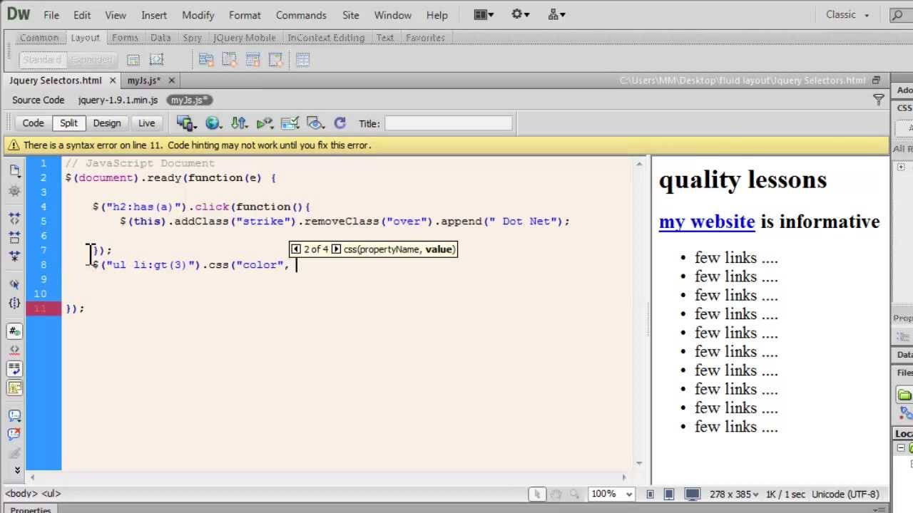 Dreamweaver Tutorial: Jquery Selectors - Few Examples