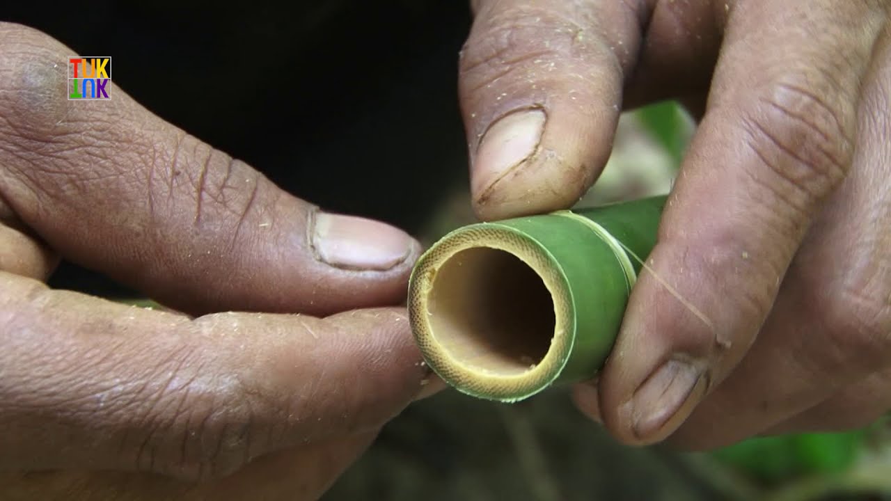 Ratanakiri. Kreung people. Making a bamboo block flute / Fabrication d'une flûte à bloc en bambou