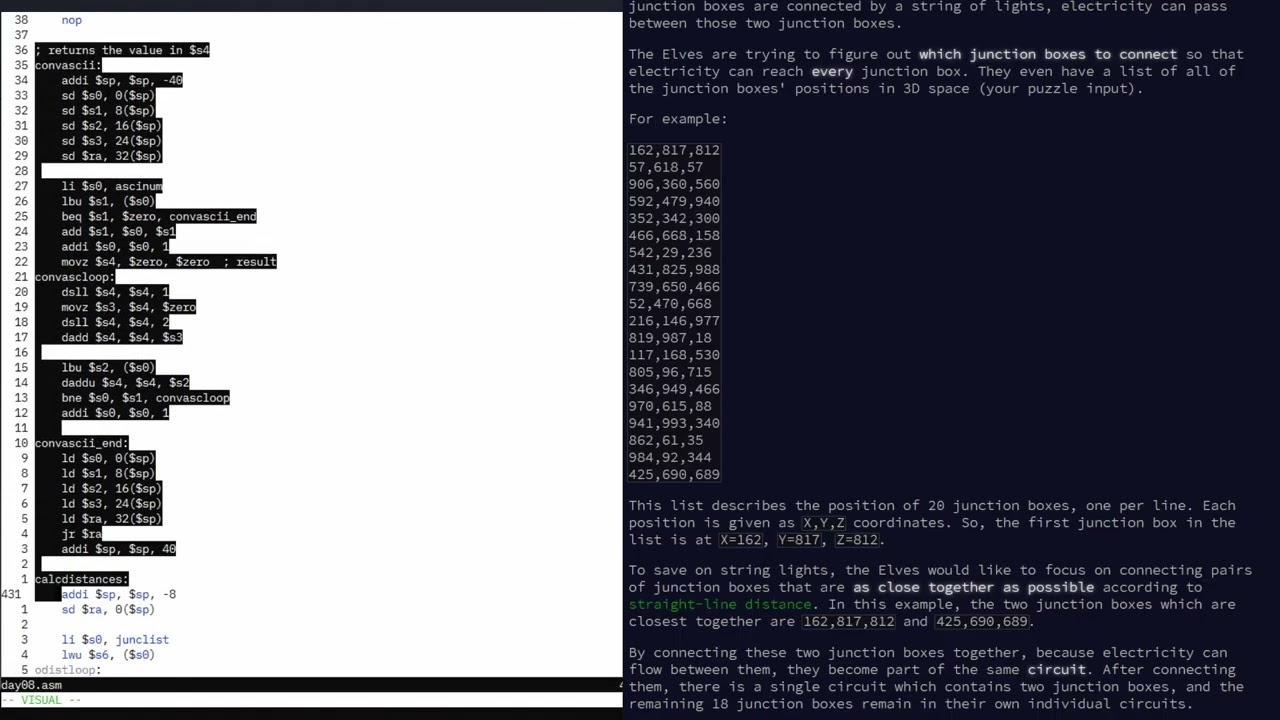 Day 08 Playground Advent of Code 2025 in MIPS ASM