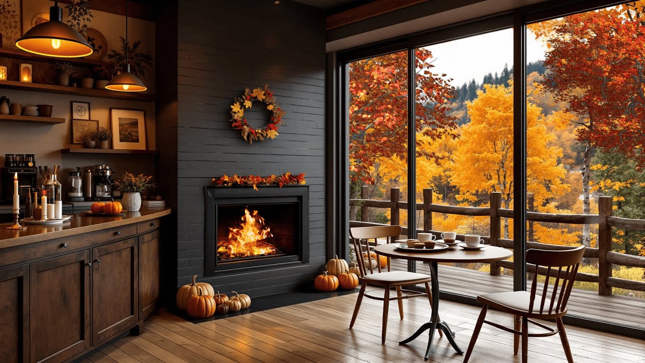 Autumn Coffee Shop Ambience with Crackling Fireplace 🍁☕ Smooth Jazz Music for Relax, Study, & Focus