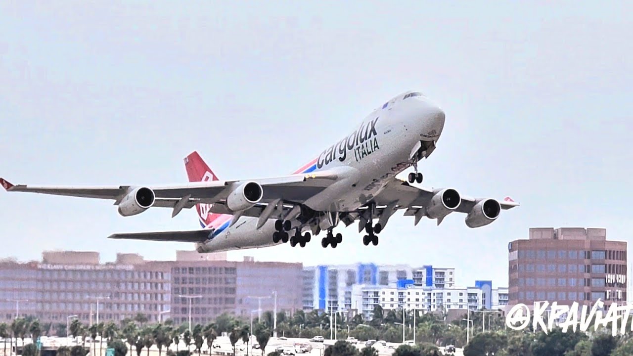 Beautiful Cargolux Italy Boeing 747-4 with Powerful Rolls-Royce Engines &ndash;  Departure from Miami!